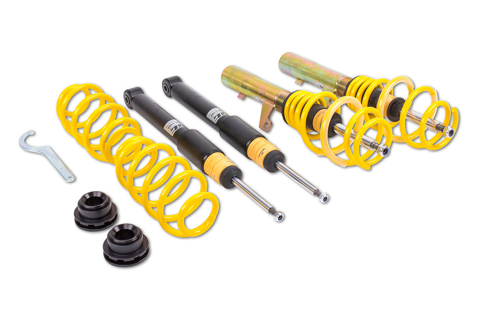 All three ST coilover suspensions enable a continuous and maximum lowering of up to 65 millimeters on the drive axle and rear axle.