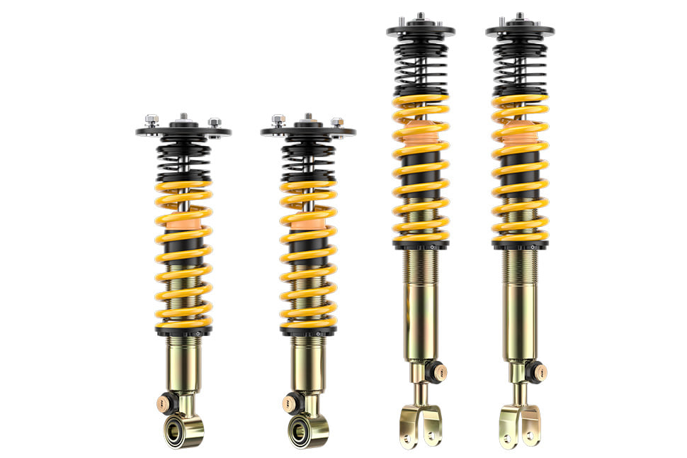 Made of galvanized steel, the ST XTA plus 3 coilover suspension kit features four MacPherson struts, top-mounts, three-way adjustable KW Shocks and linear racing springs.